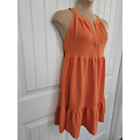 Calvin Klein Crepe Halter V Neck Tie Back Tiered Orange Tropical Dress Sz 8 NWT - Picture 2 of 8